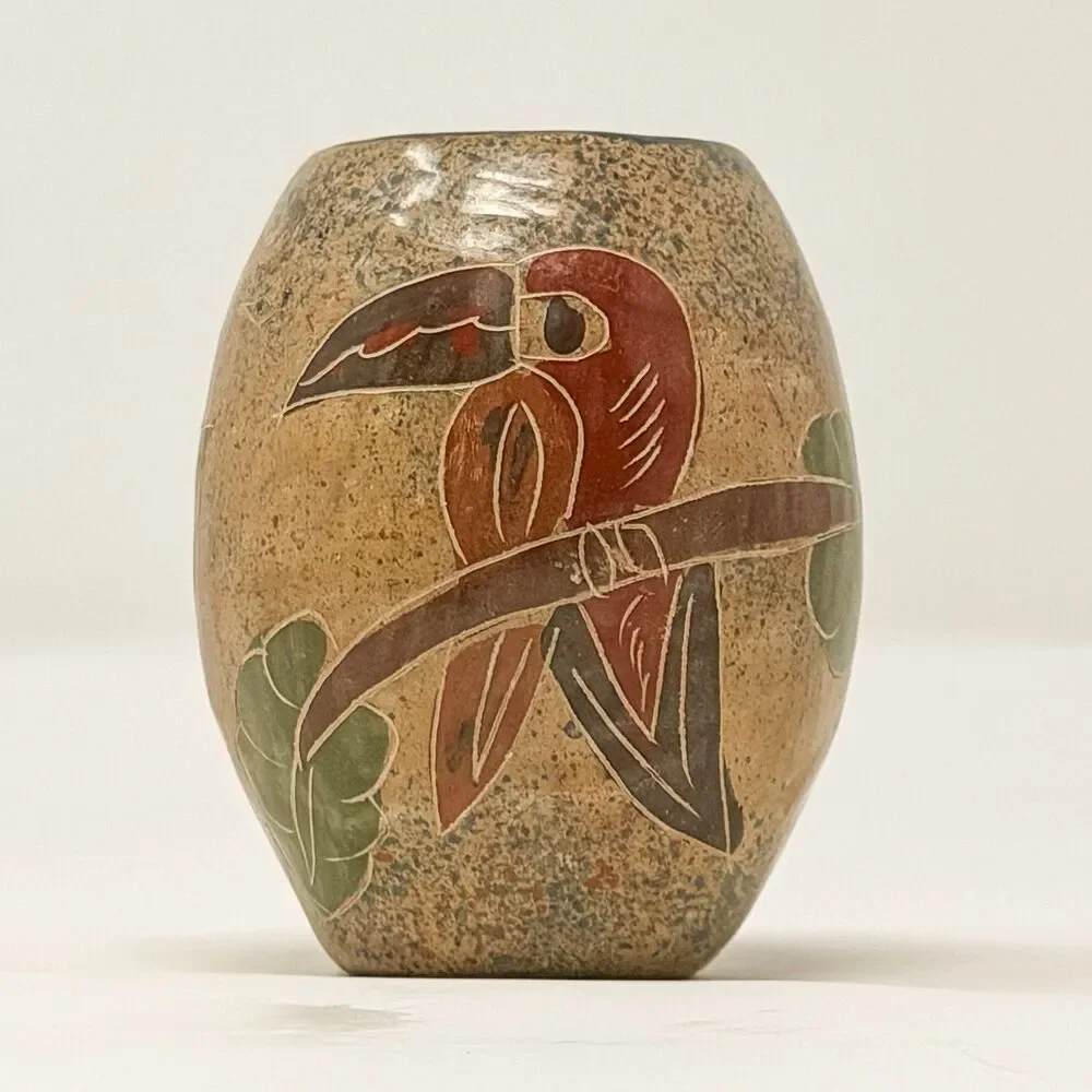Vintage Hand Painted Parrot Pottery Vase Small Tropical Bird Decor